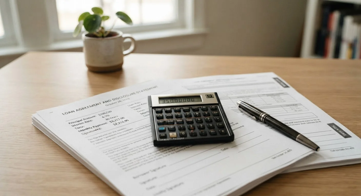 A financial calculator and loan documents on a desk representing interest rate concepts