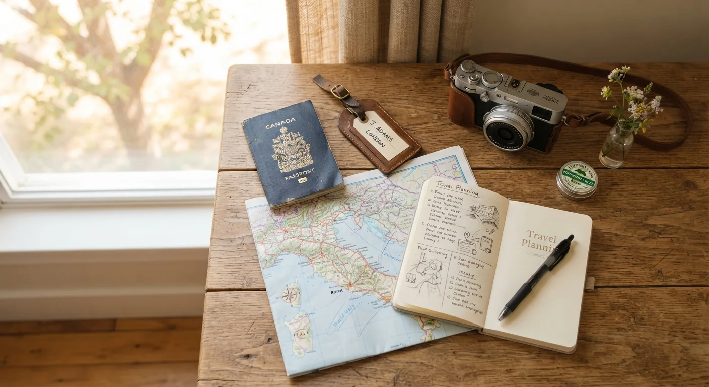 Travel essentials including passport, map, and notebook laid out on a wooden table near a window