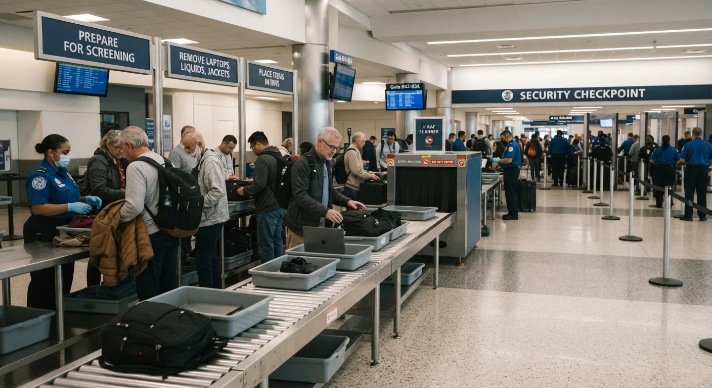 Travelers placing bags and shoes into gray bins at an airport security checkpoint