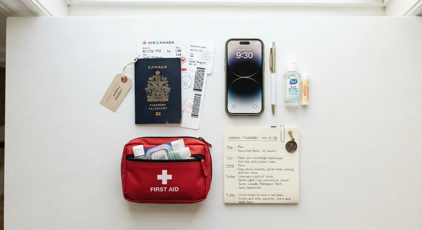 Overhead flat lay of travel documents, phone, and first-aid kit arranged neatly before a trip