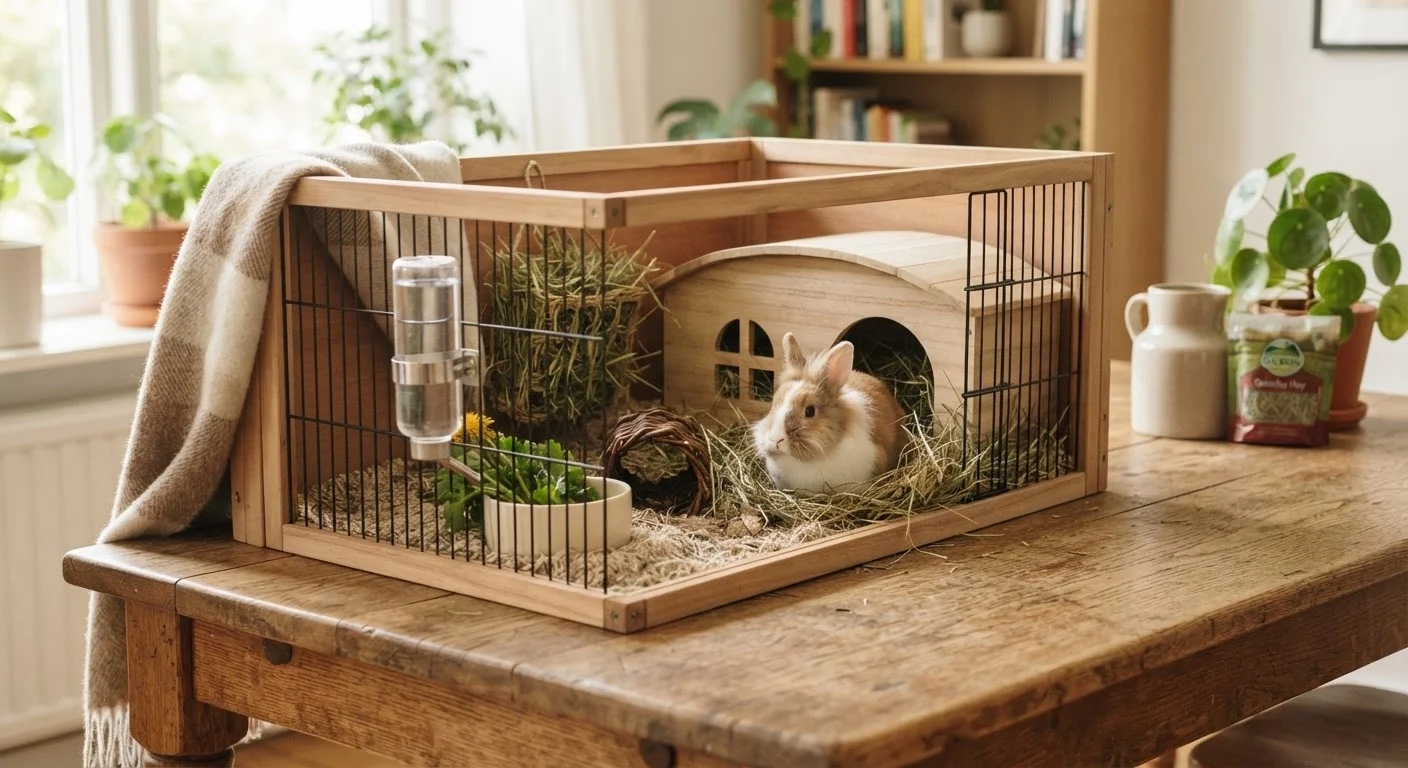 A neatly prepared small animal habitat with bedding, hay, water bottle, and hideaway house on a wooden surface.