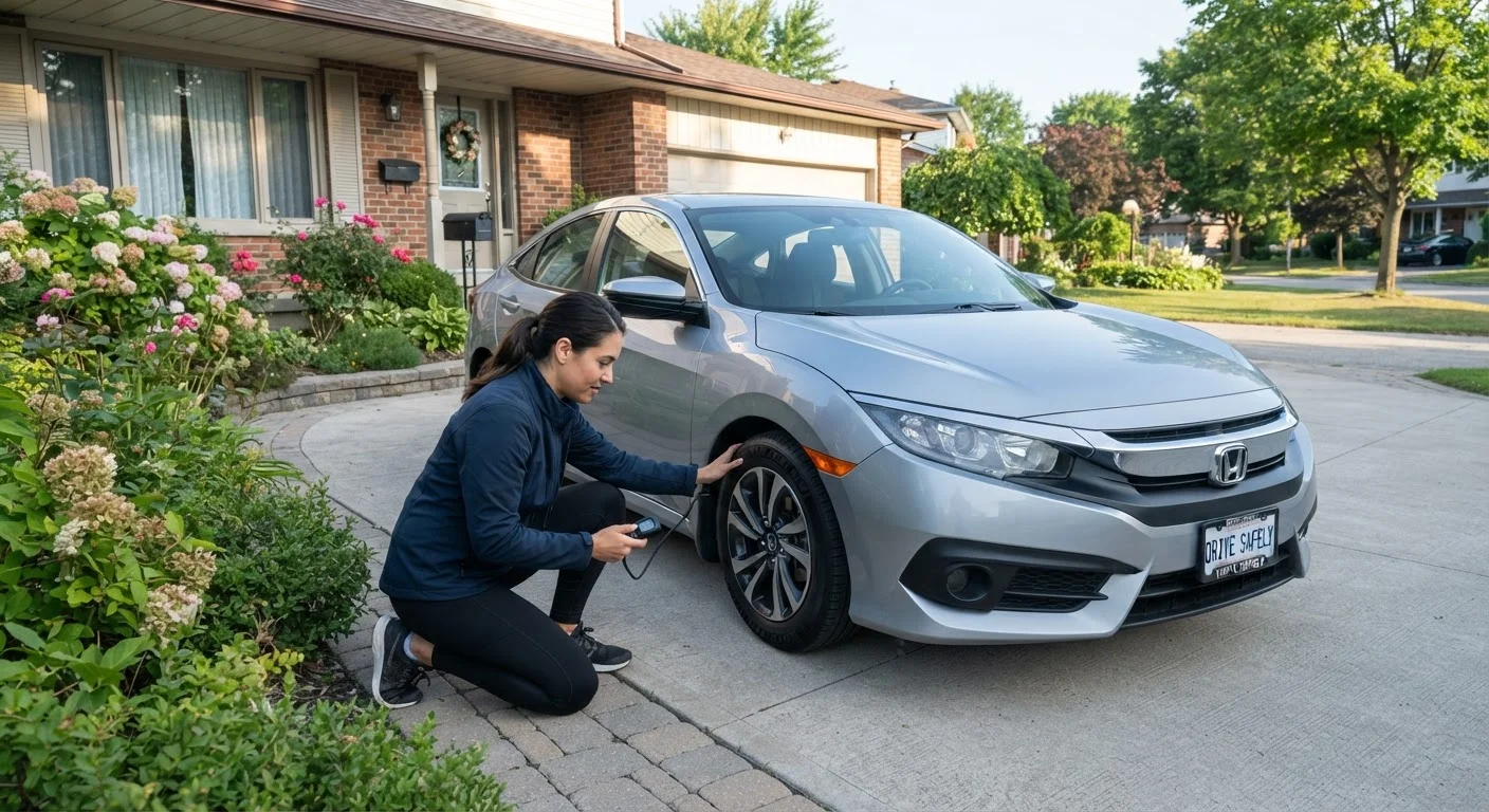 Driver crouching beside a car tyre in a residential driveway during a pre-trip safety check