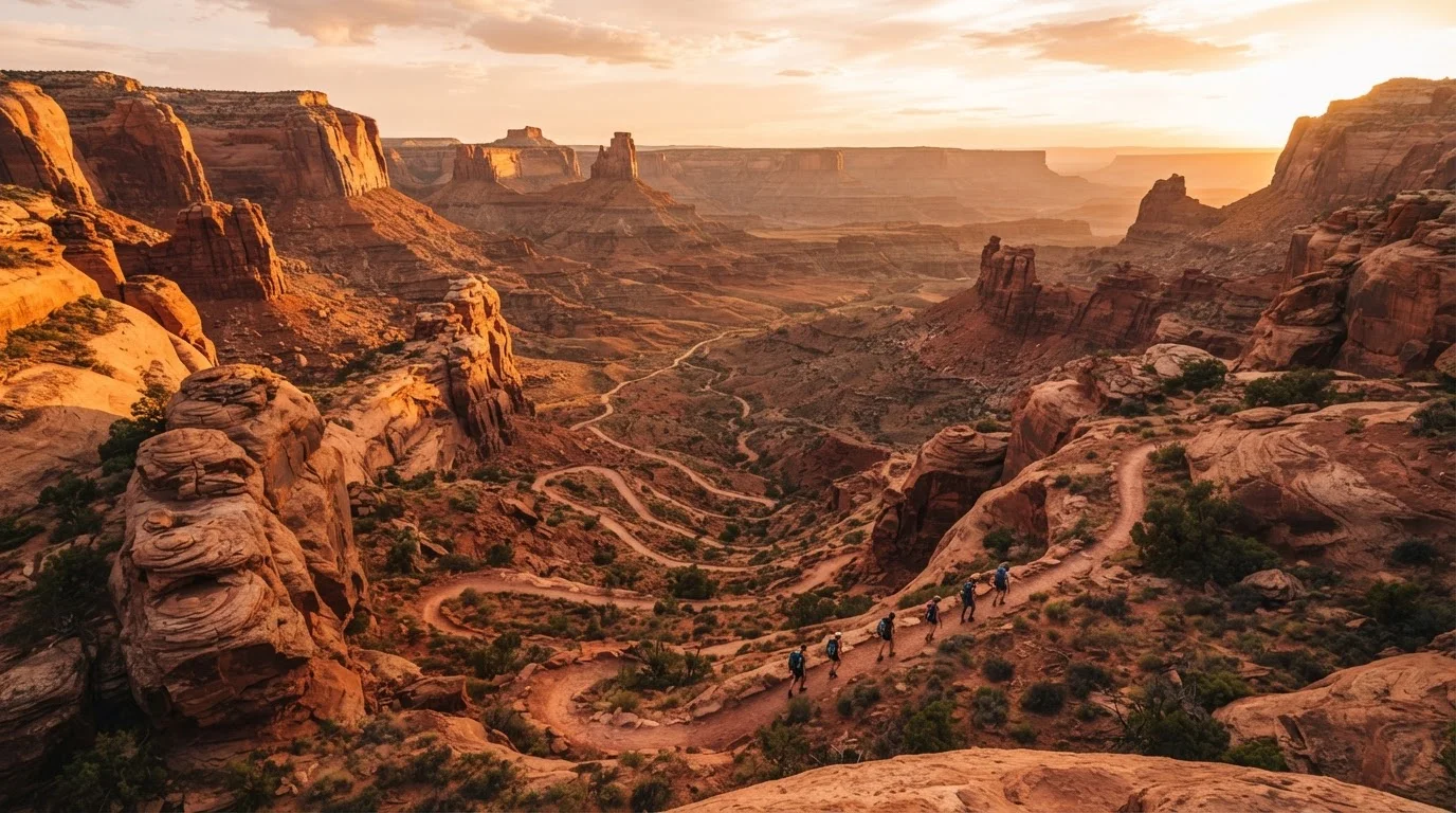 Aerial view of a vast red rock national park landscape with hikers on a trail at golden hour.