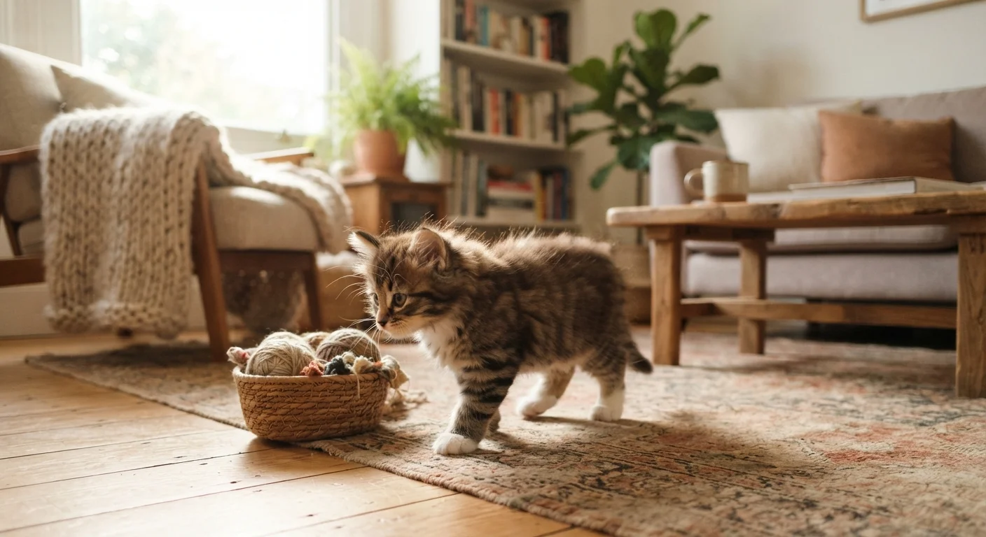 A small tabby kitten cautiously exploring a warm, sunlit living room for the first time