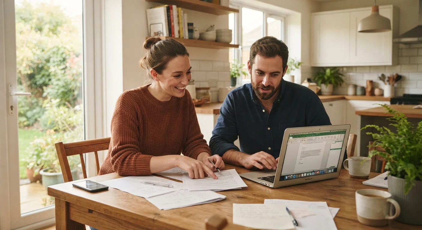 Couple sitting together at a table reviewing financial documents and a laptop
