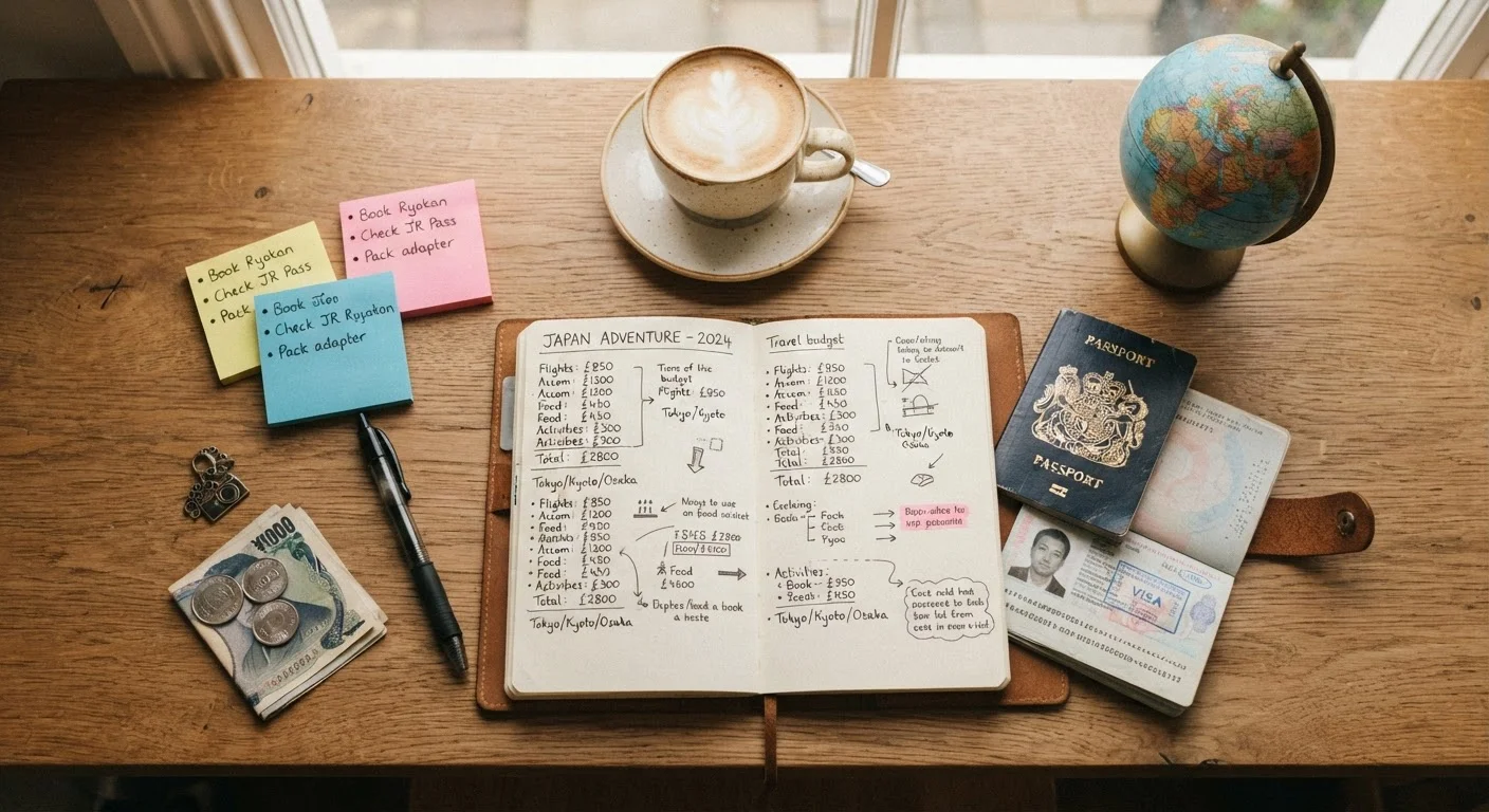 Travel budget planning workspace with notebook, passport, sticky notes, and coffee on a wood desk.
