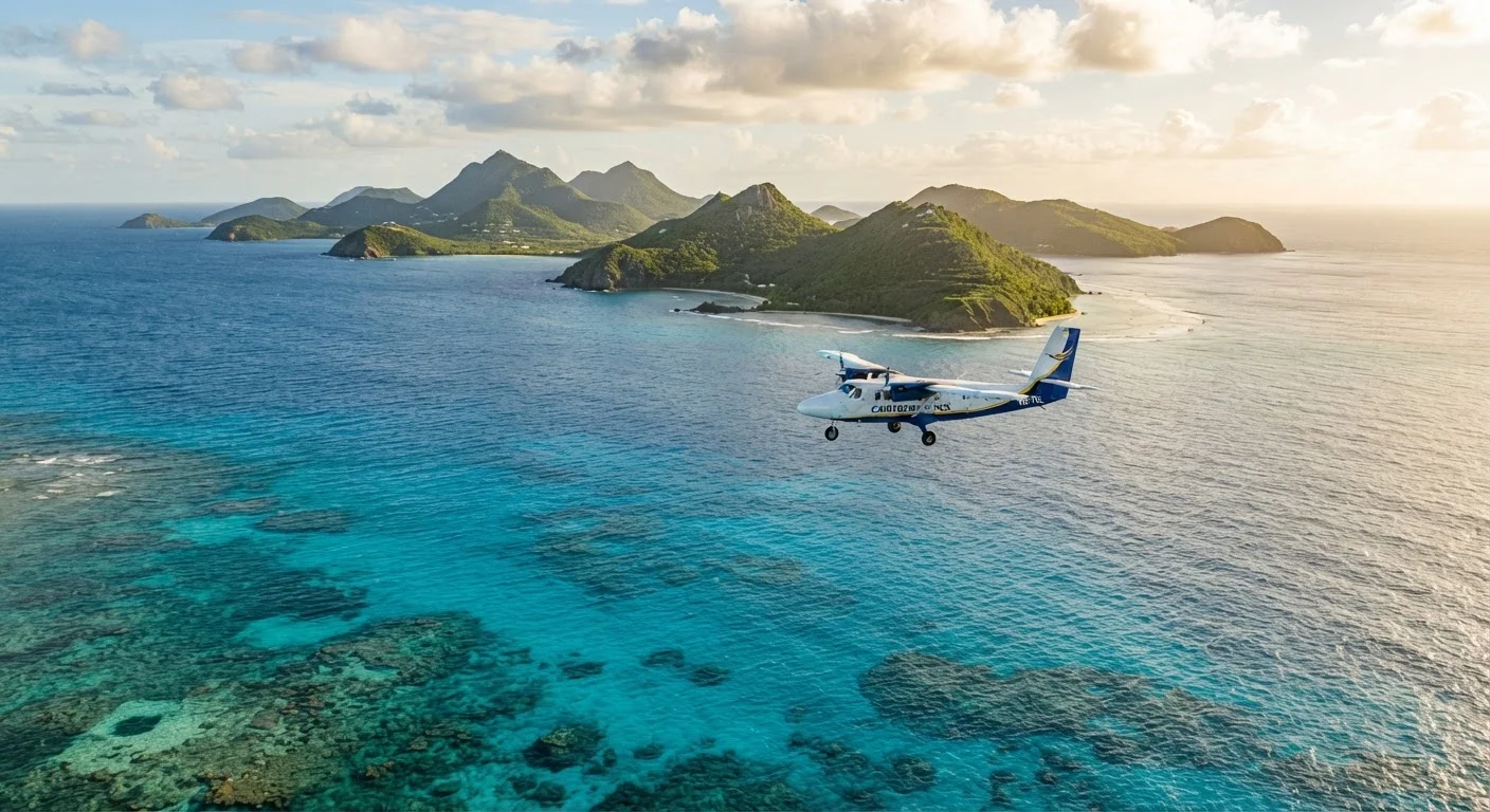 Aerial view of turquoise Caribbean sea with small islands and a regional plane flying between them