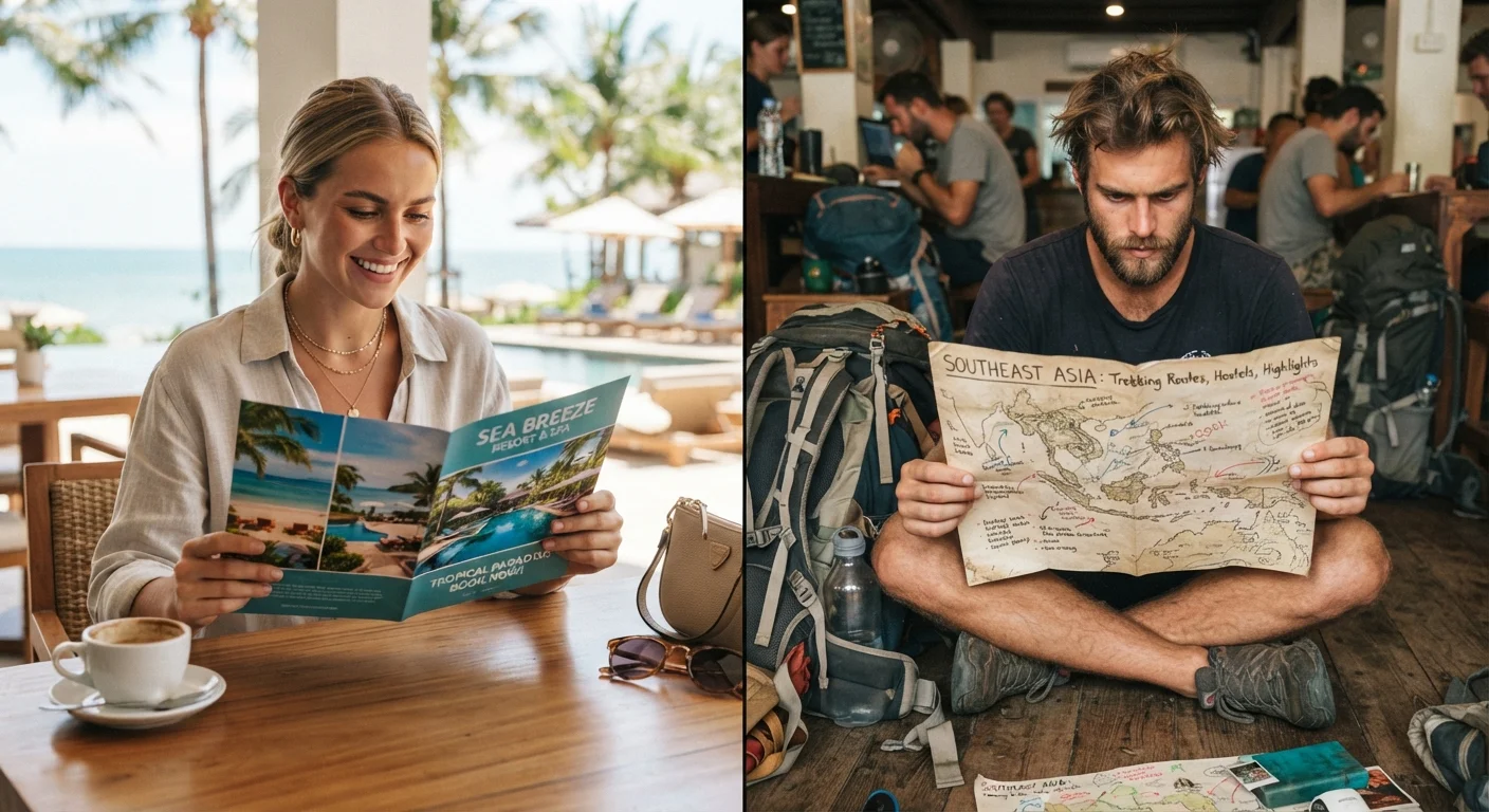 A split scene showing a traveler with a package holiday brochure and an independent backpacker with a map
