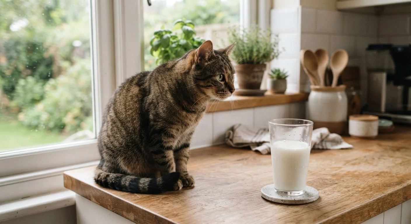 A domestic cat sitting near a glass of milk on a kitchen counter, looking curious
