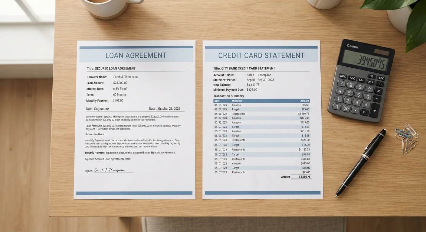 A loan agreement and a balance transfer credit card statement placed side by side on a desk.