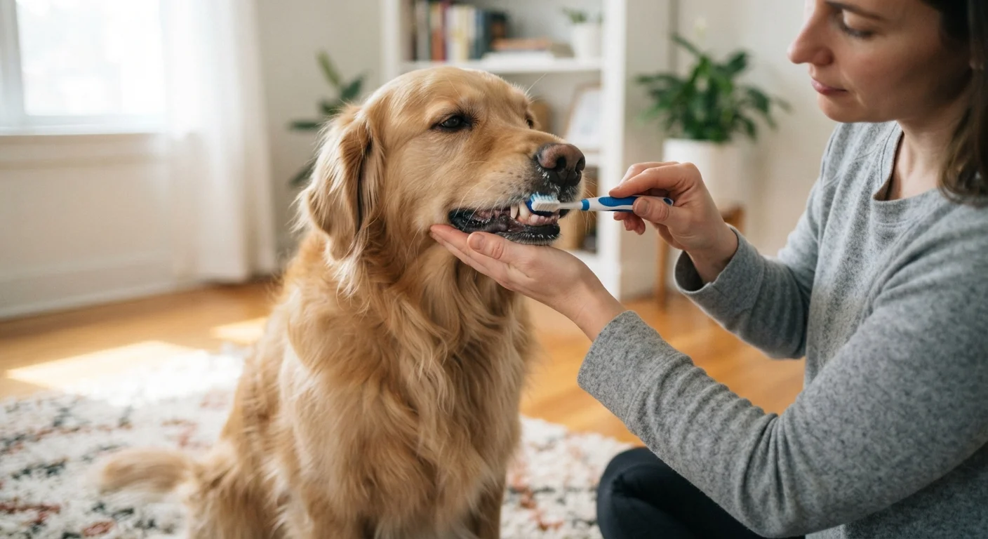 Person gently brushing a dog's teeth with a small toothbrush at home