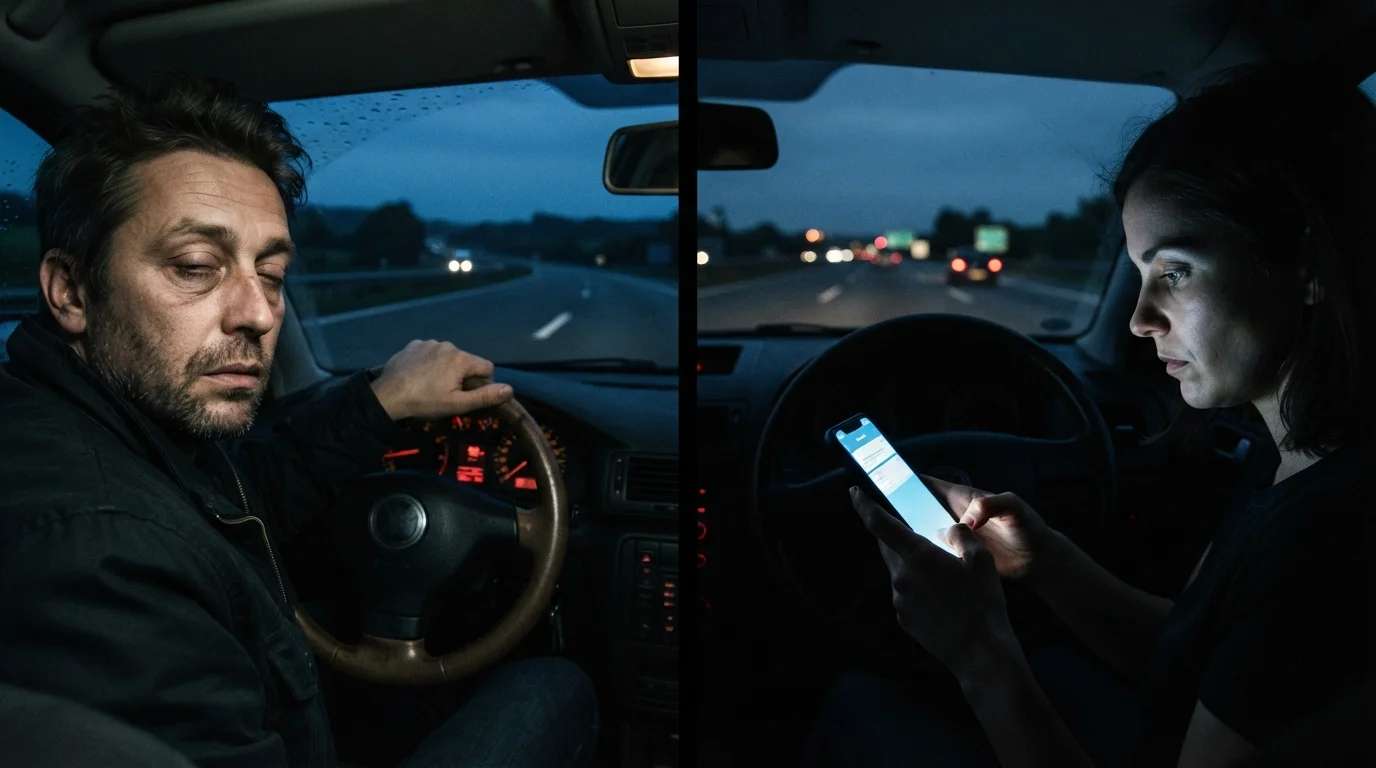 Split image of a drowsy driver on a highway and a distracted driver looking at a phone