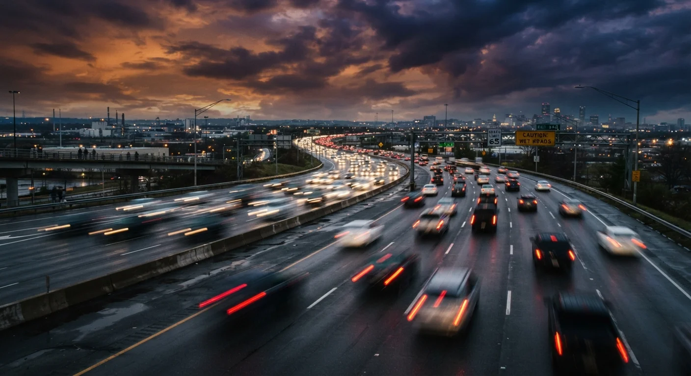Cars traveling on a busy highway at dusk with motion blur conveying speed and risk