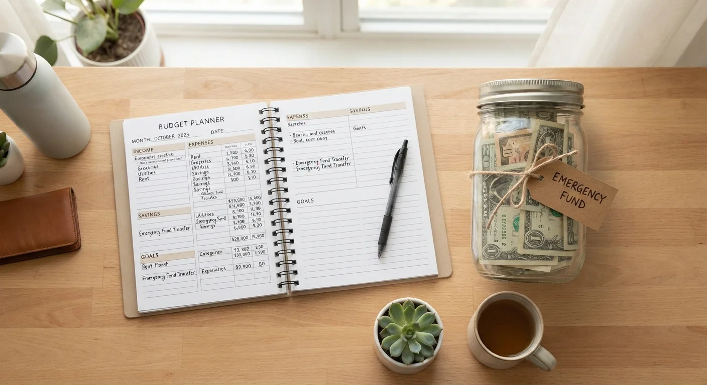 Open budget planner notebook next to a glass jar emergency fund with folded dollar bills