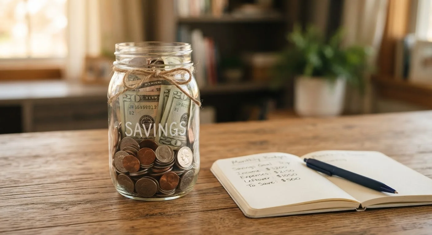 Glass jar filled with coins and cash representing a personal emergency fund on a desk