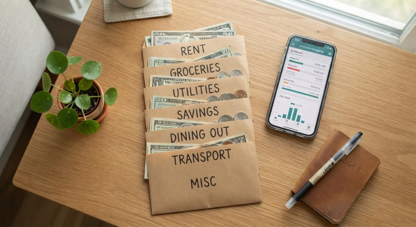 Paper budget envelopes alongside a smartphone showing a digital budgeting app on a desk.