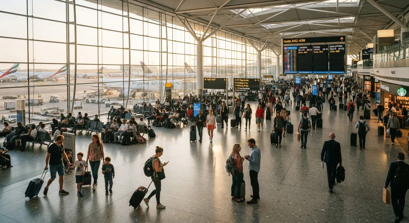 Busy international airport terminal with travelers carrying luggage under bright departure boards