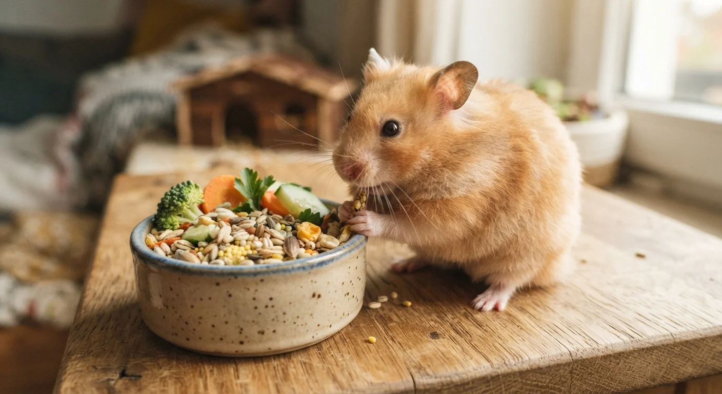 A golden hamster sitting next to a ceramic bowl filled with mixed food including grains and vegetables