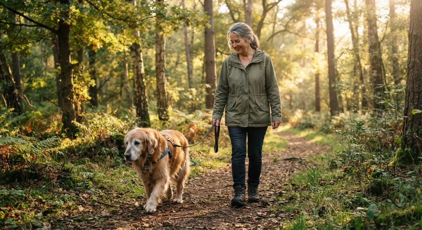 An older dog walking leisurely on a shaded trail alongside its owner in warm light