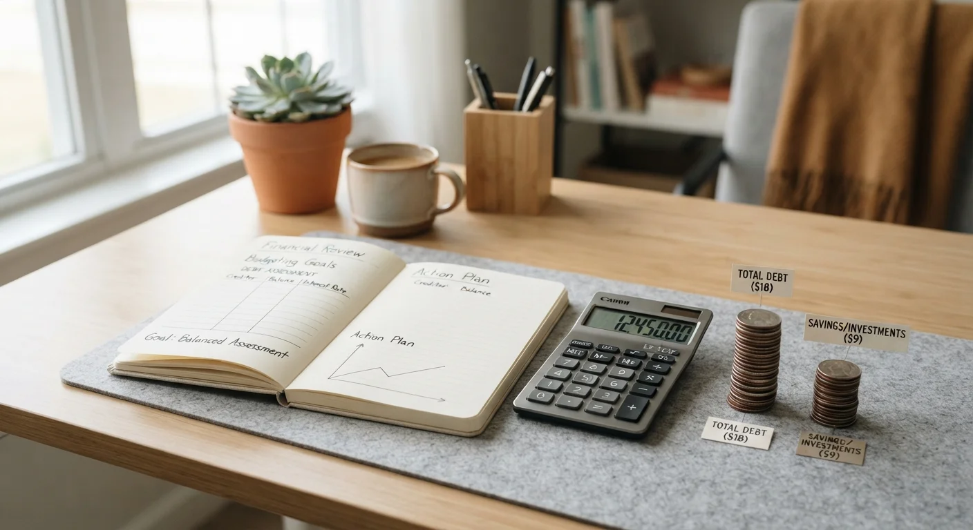 A financial planning notebook and calculator on a tidy desk, representing thoughtful debt assessment