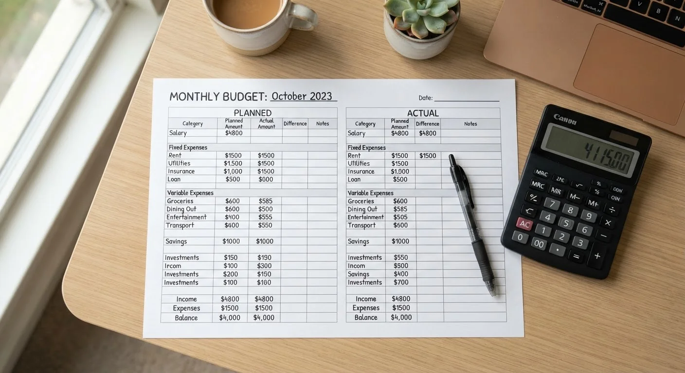 A budget worksheet split into two columns representing fixed and variable expenses on a desk