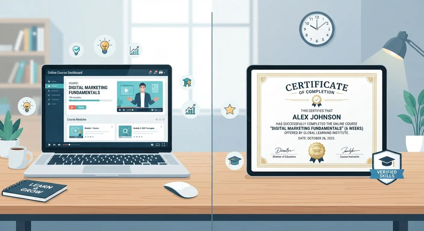 Split screen showing a free online course interface alongside a paid programme certificate on laptops