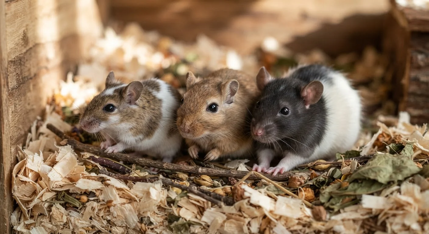 A gerbil, a fancy rat, and a mouse sitting together on natural wood shavings