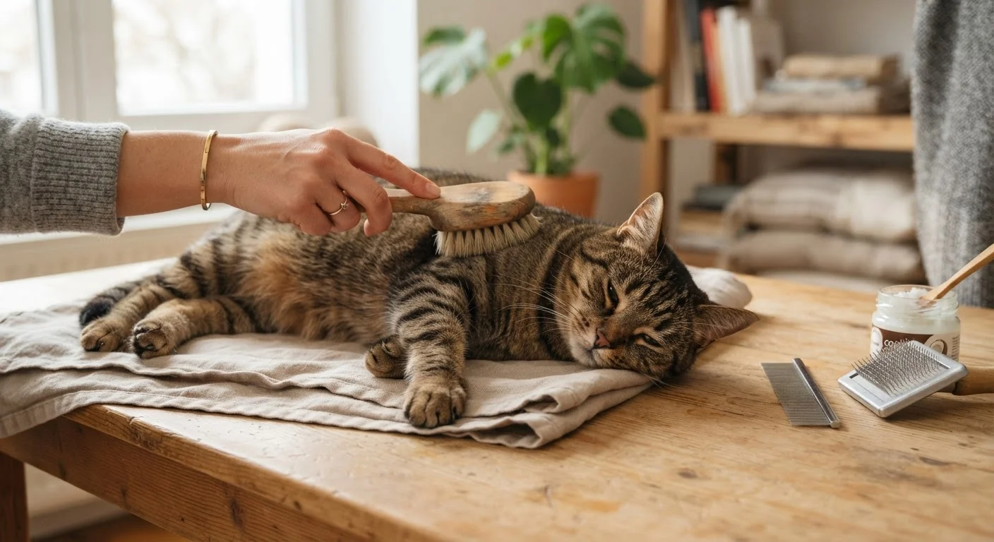 A tabby cat being gently brushed at home on a wooden surface with grooming tools nearby