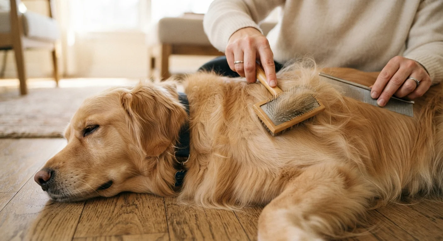 A golden retriever being carefully brushed during a regular grooming session indoors