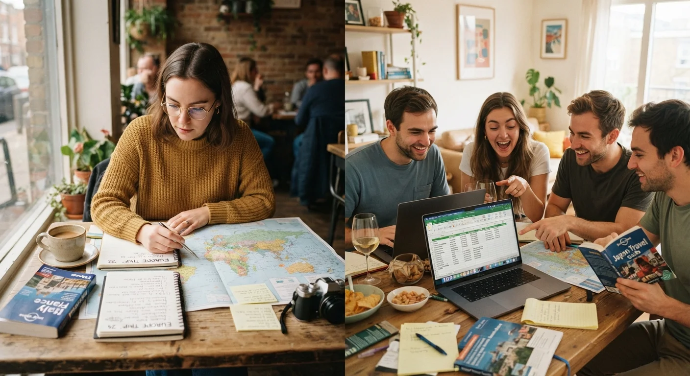 One traveler planning solo at a café beside a group planning a trip together on a laptop
