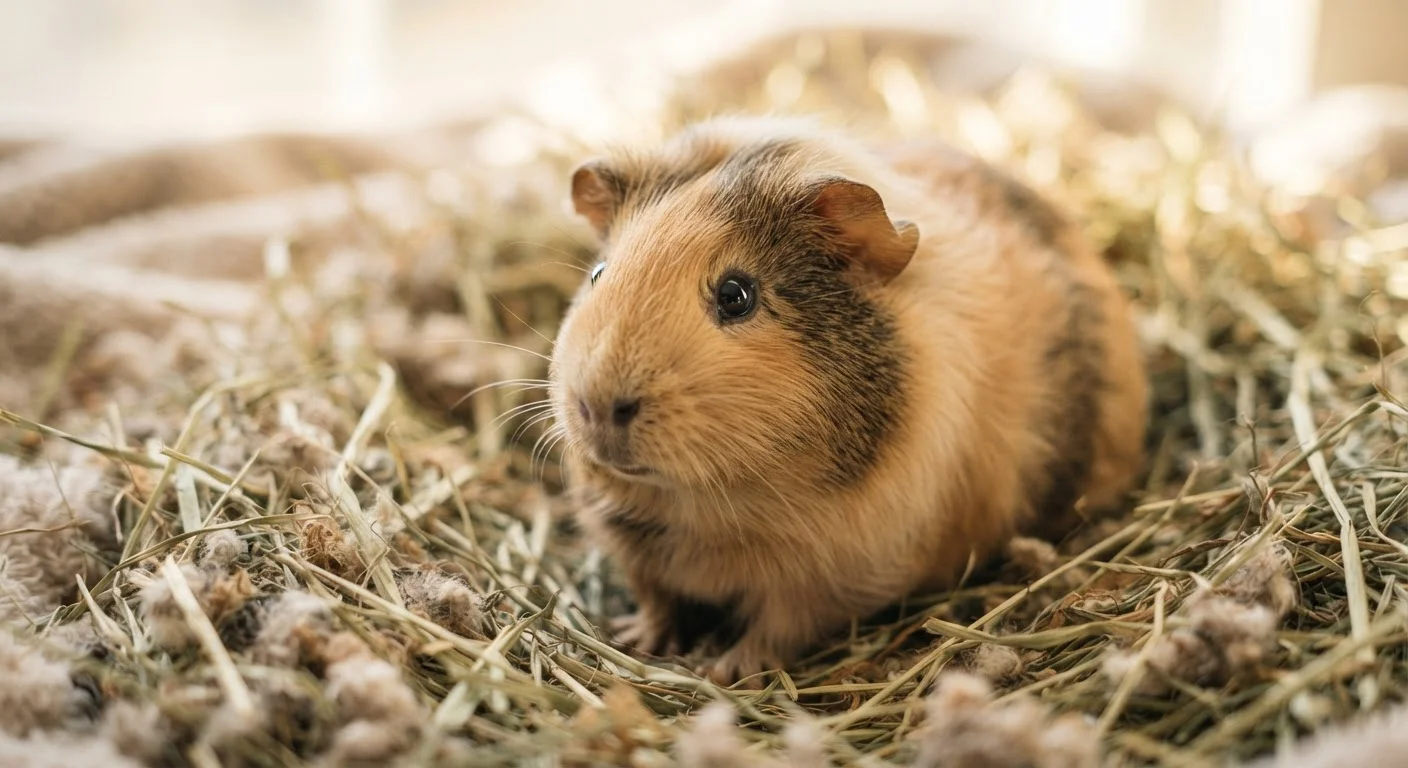A fluffy guinea pig with bright alert eyes sitting on soft hay bedding indoors