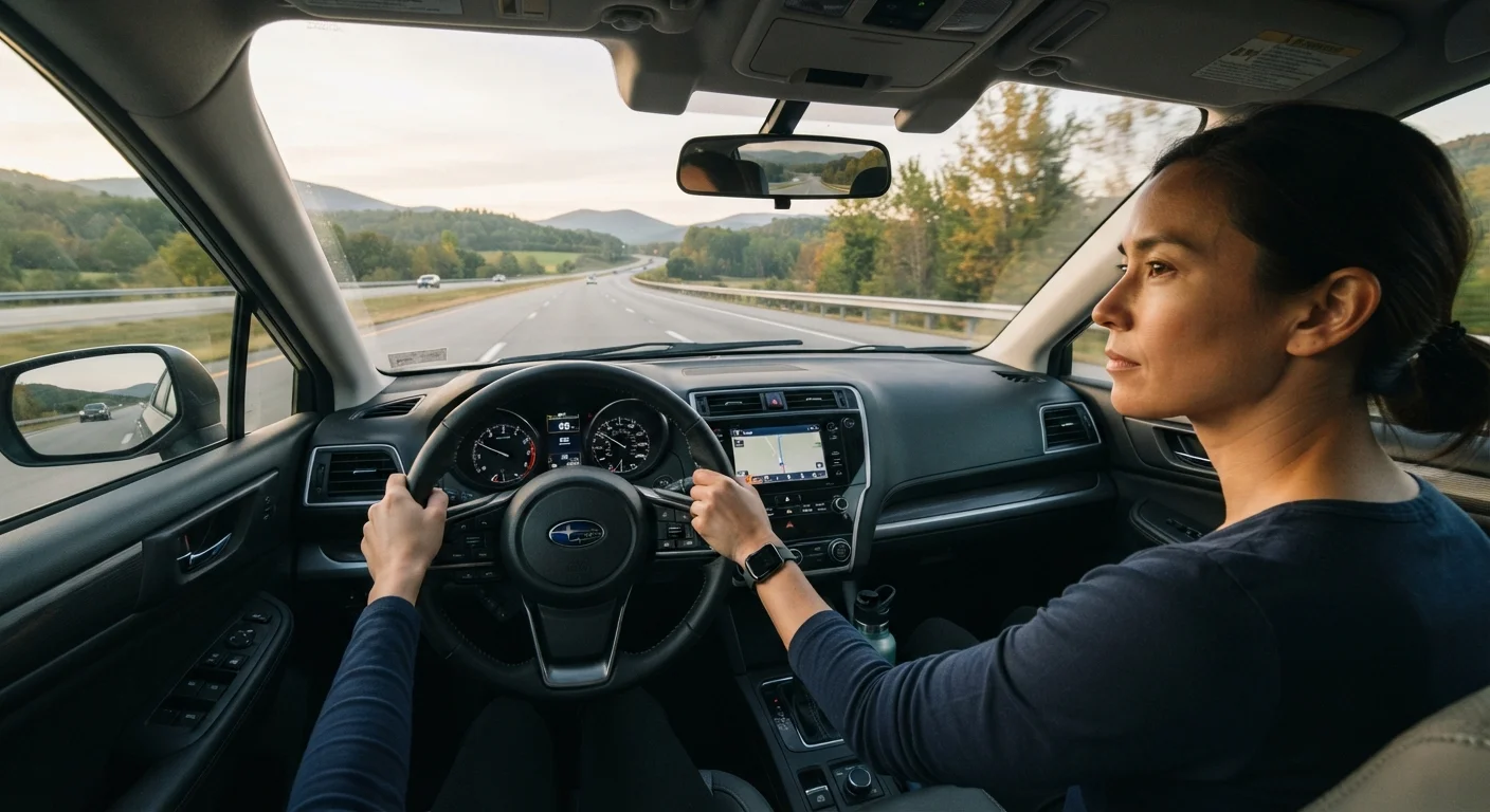 Driver's hands on steering wheel with focused attention on an open highway ahead