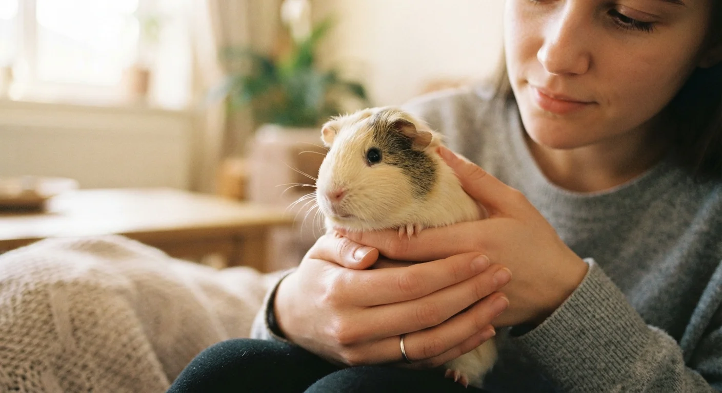 Person gently holding a small guinea pig with both hands in a calm indoor setting