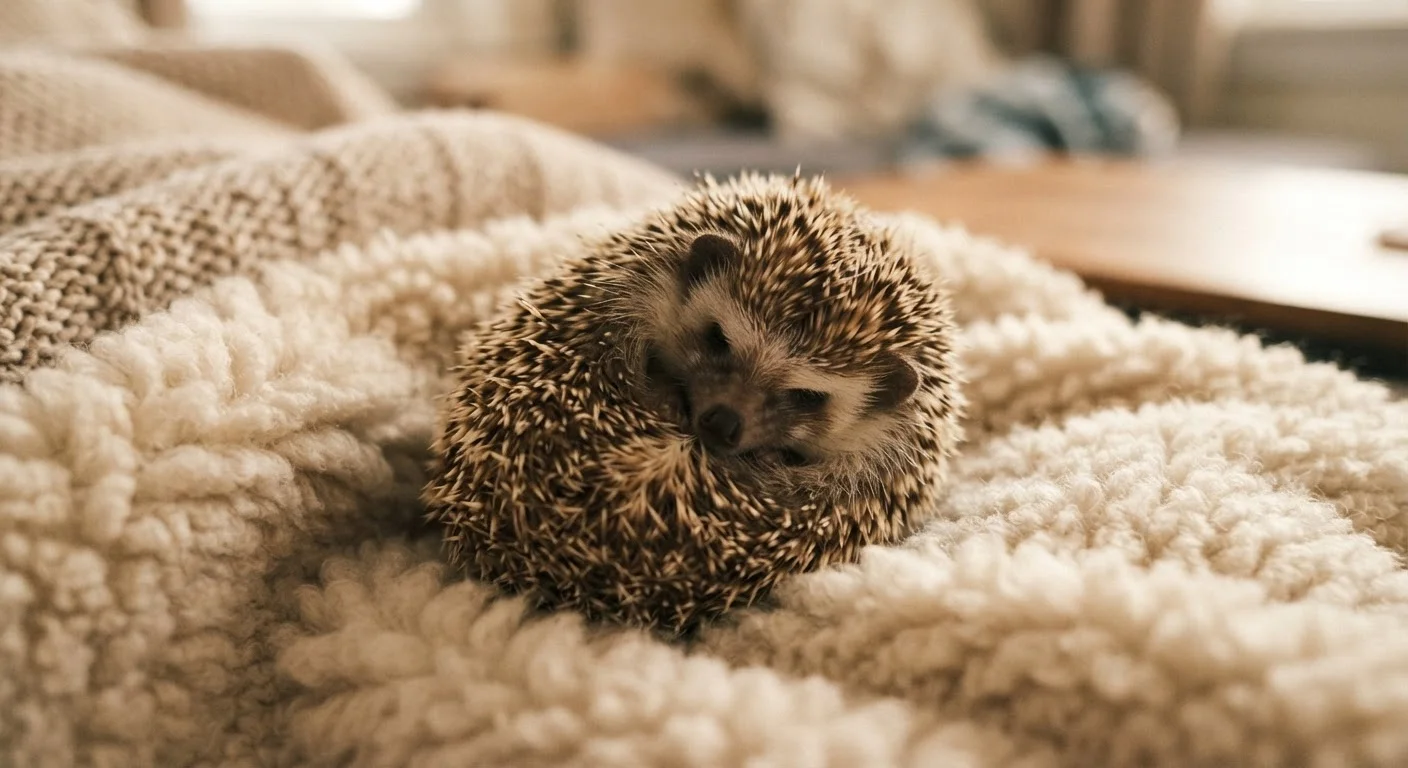 African pygmy hedgehog curled into a ball on a soft warm fleece blanket indoors
