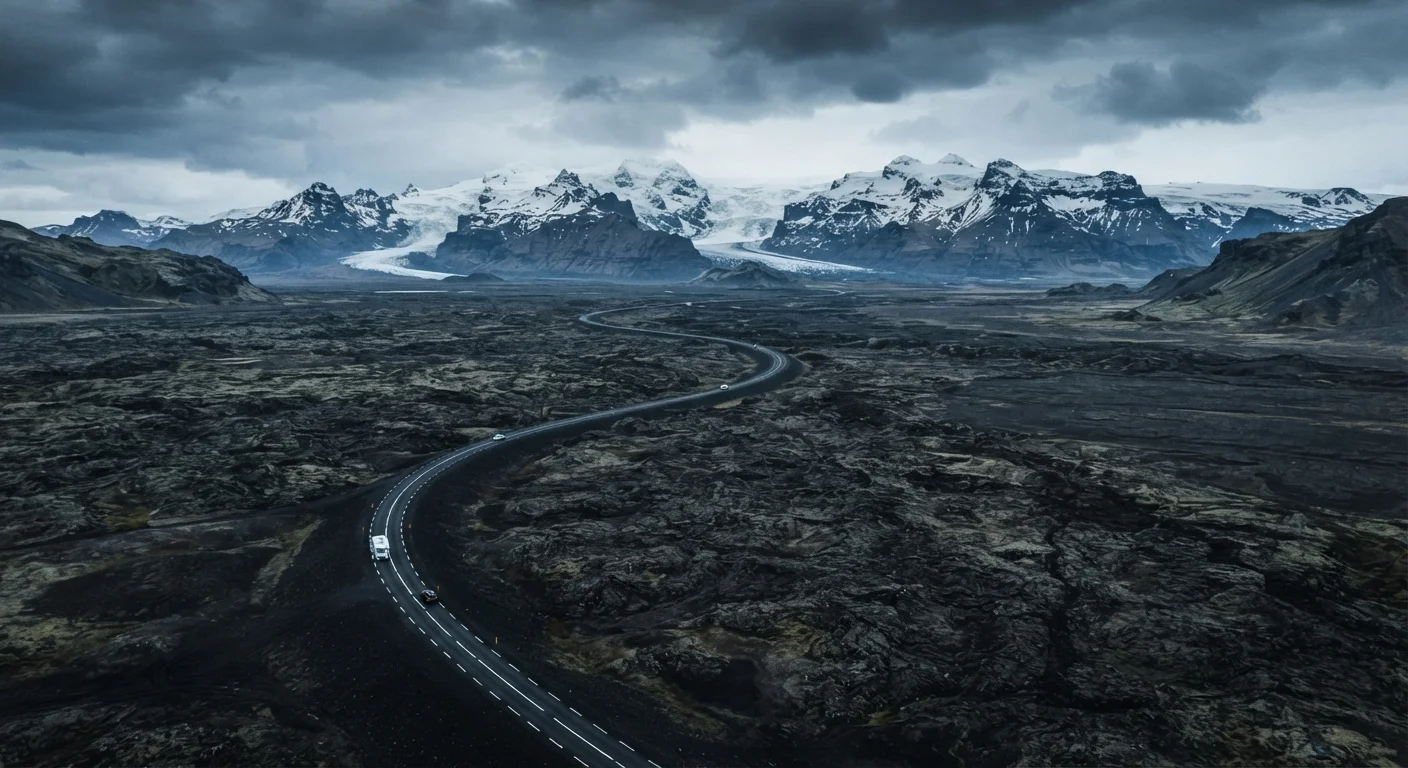Iceland's Ring Road winding through black lava fields with mountains in the background