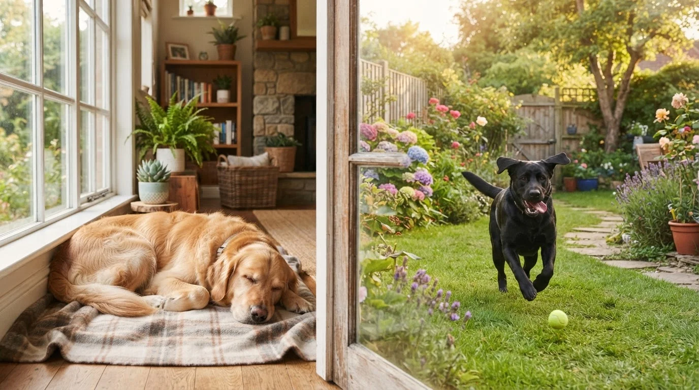 A dog relaxing indoors near a window while another dog plays outside in a green yard.