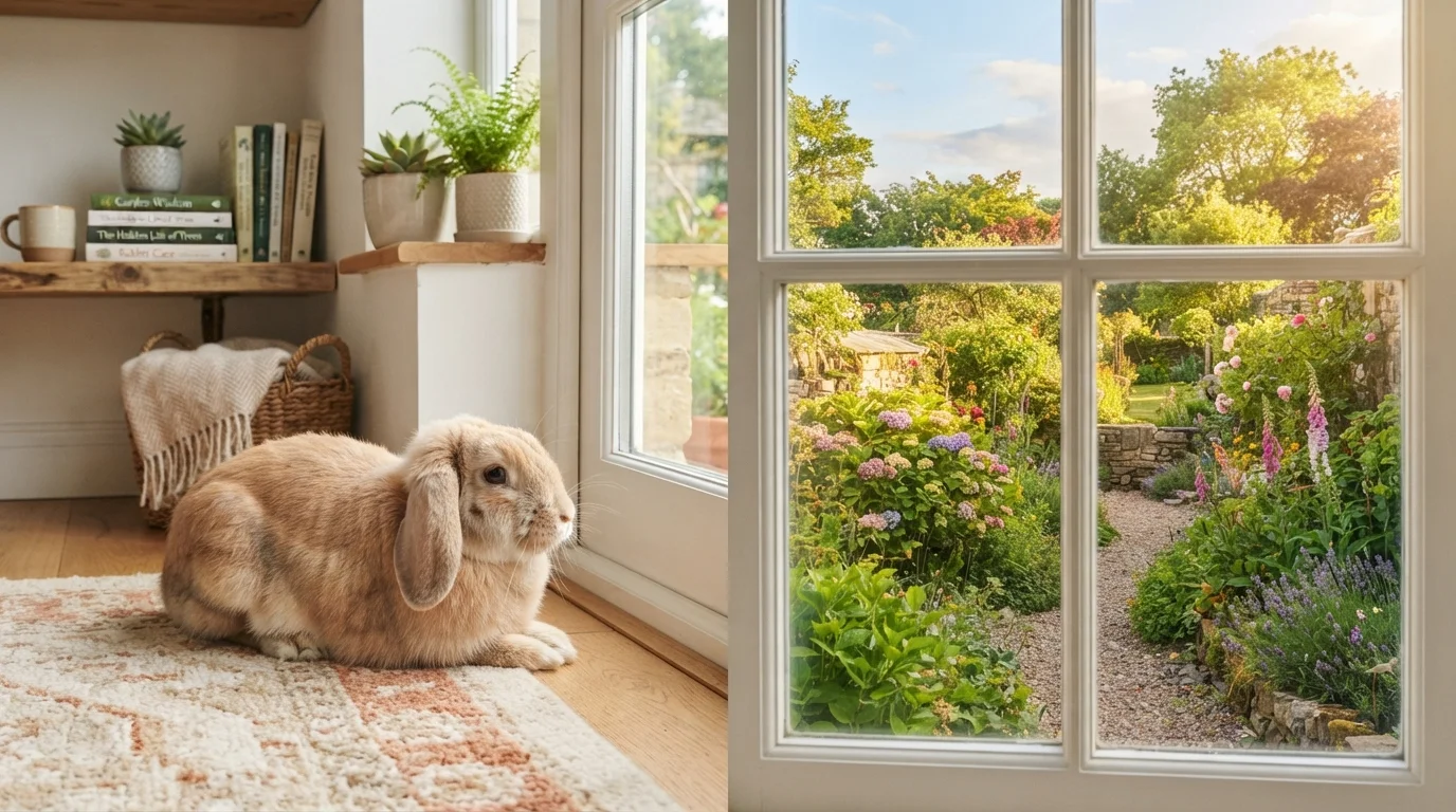 A domestic rabbit sitting indoors near a window with a garden visible outside.