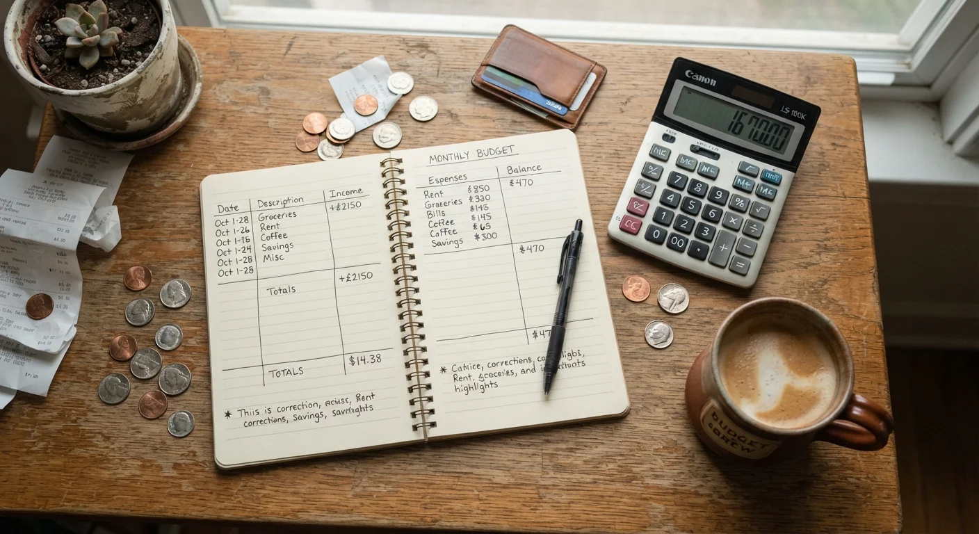 Handwritten budget notebook with coins and calculator on a wooden desk