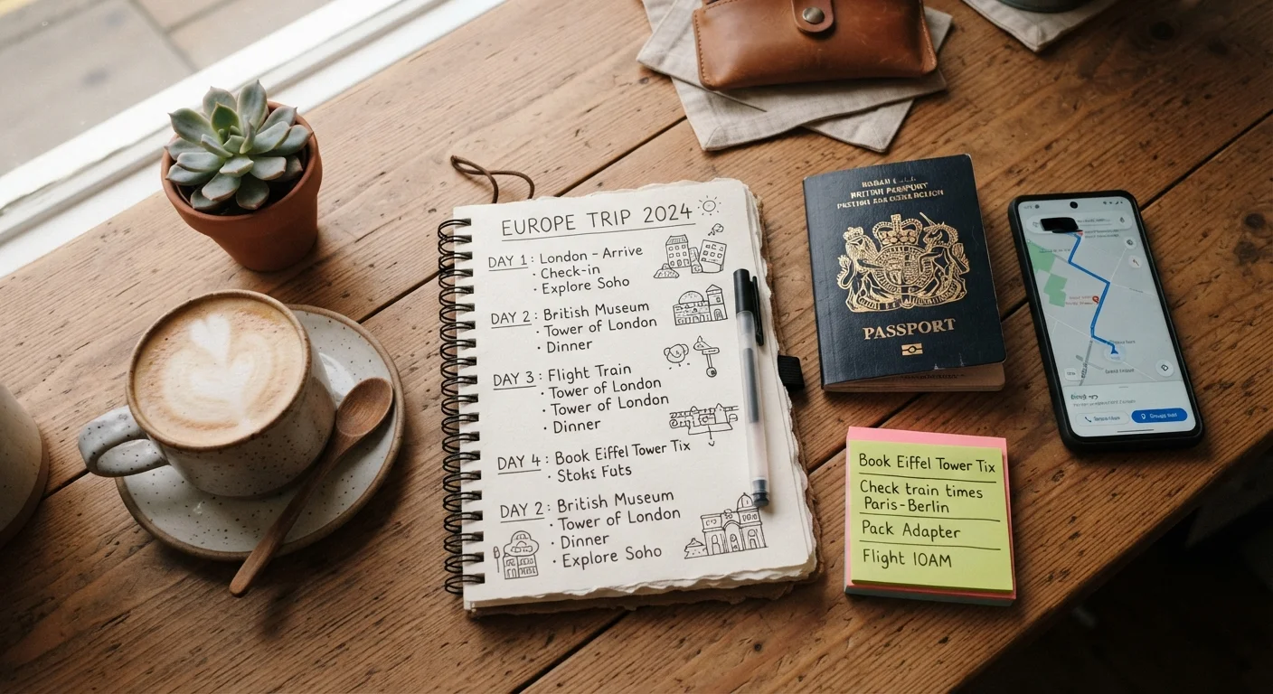 Overhead view of a travel planning workspace with notebook, smartphone, passport, and sticky notes