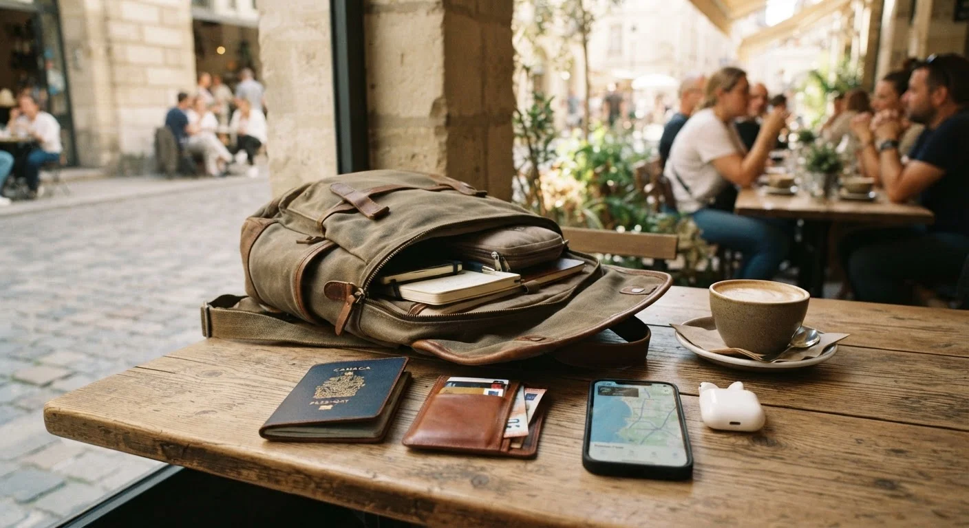 Traveler's belongings — passport, wallet, and phone — arranged neatly on a cafe table