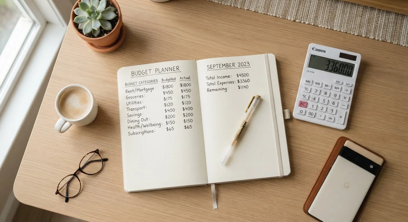Open budgeting notebook with categories, calculator, and pen on a clean desk