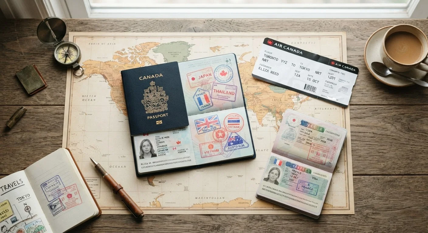A passport, visa stamps, and a world map laid out on a table for trip planning
