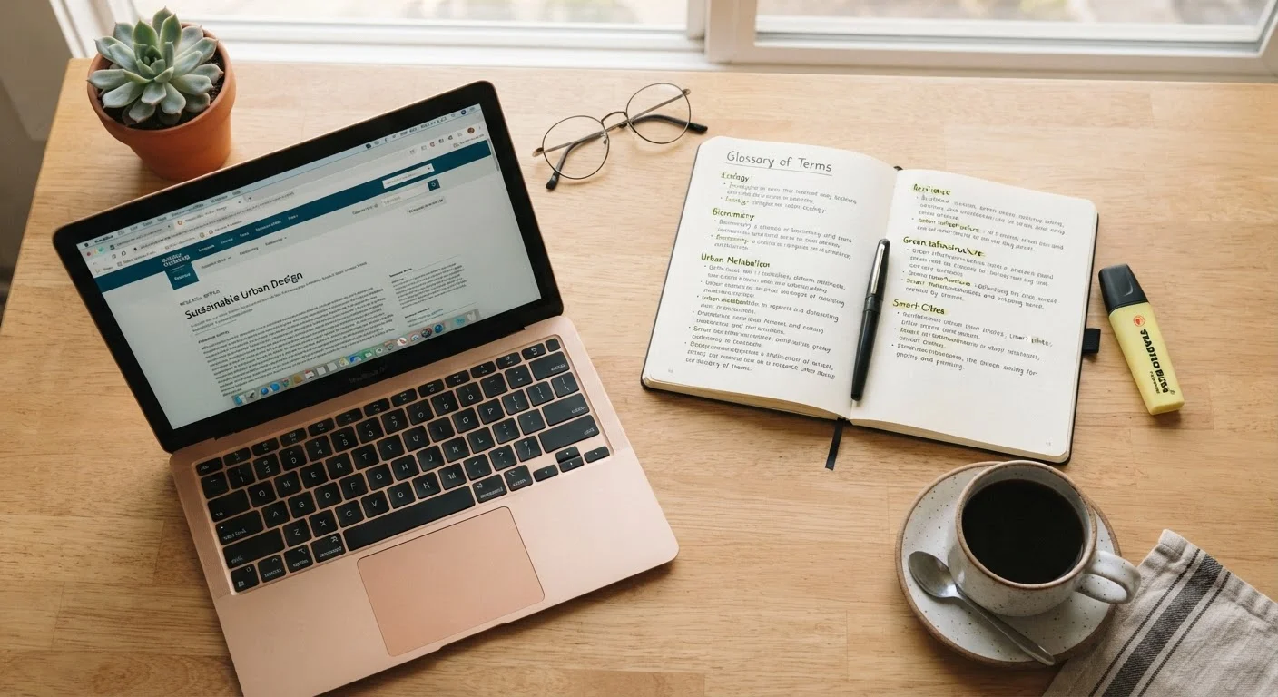 Laptop and notebook with glossary terms on a tidy desk, suggesting online study