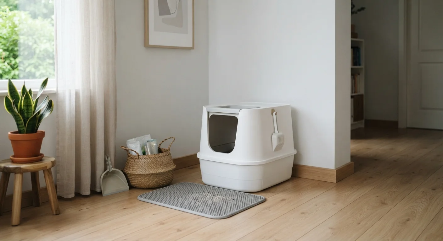 A clean cat litter box placed in a quiet, accessible corner of a home