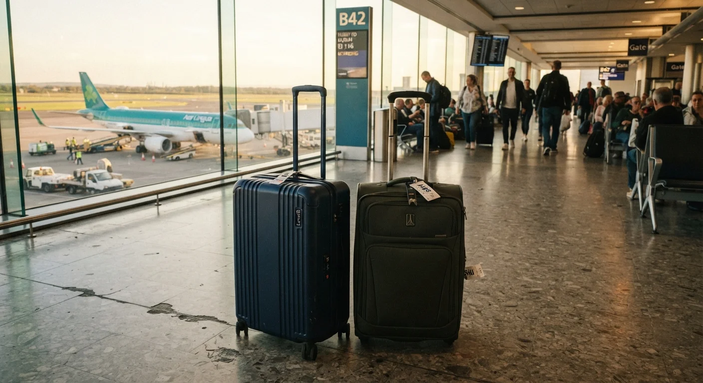 A hard shell navy suitcase and soft shell olive suitcase side by side in an airport terminal