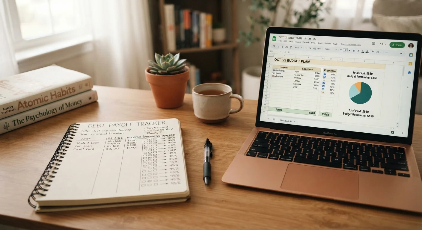 A tidy desk with a debt payoff tracker notebook and budget spreadsheet on a laptop