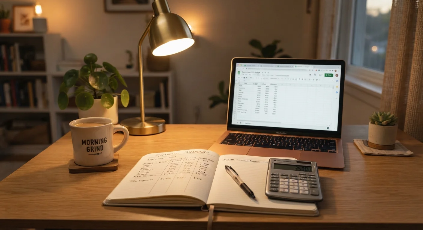 A neat desk setup with a notebook, calculator, and laptop open to a financial spreadsheet