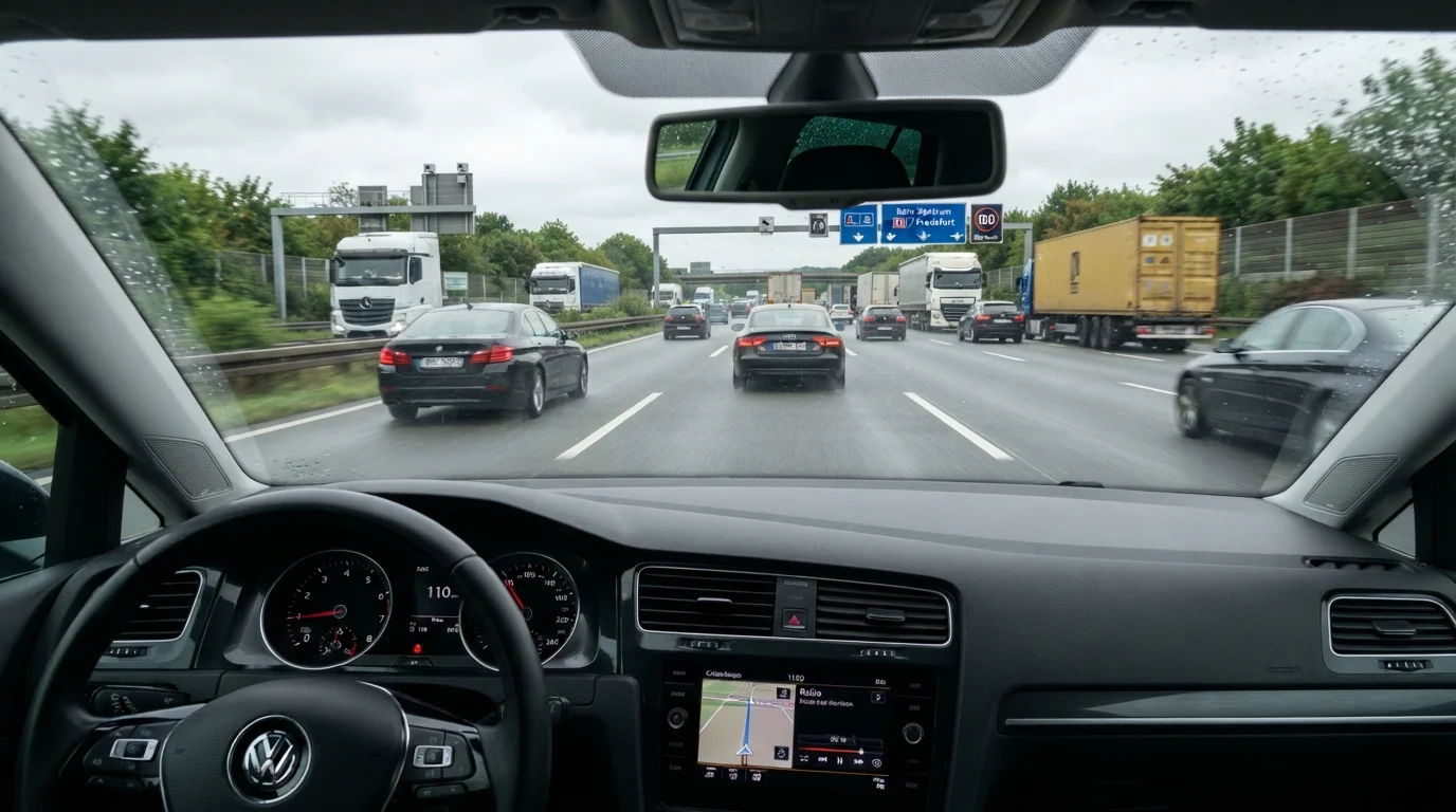 Interior view of a car driving on a busy multi-lane motorway with trucks and other vehicles visible ahead