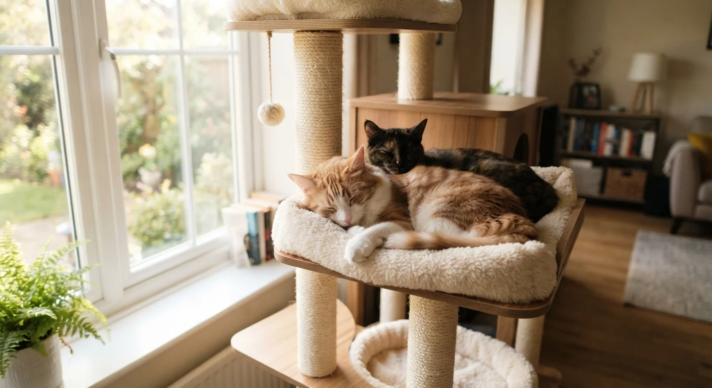 Two cats sitting peacefully on a multi-level cat tree near a bright window