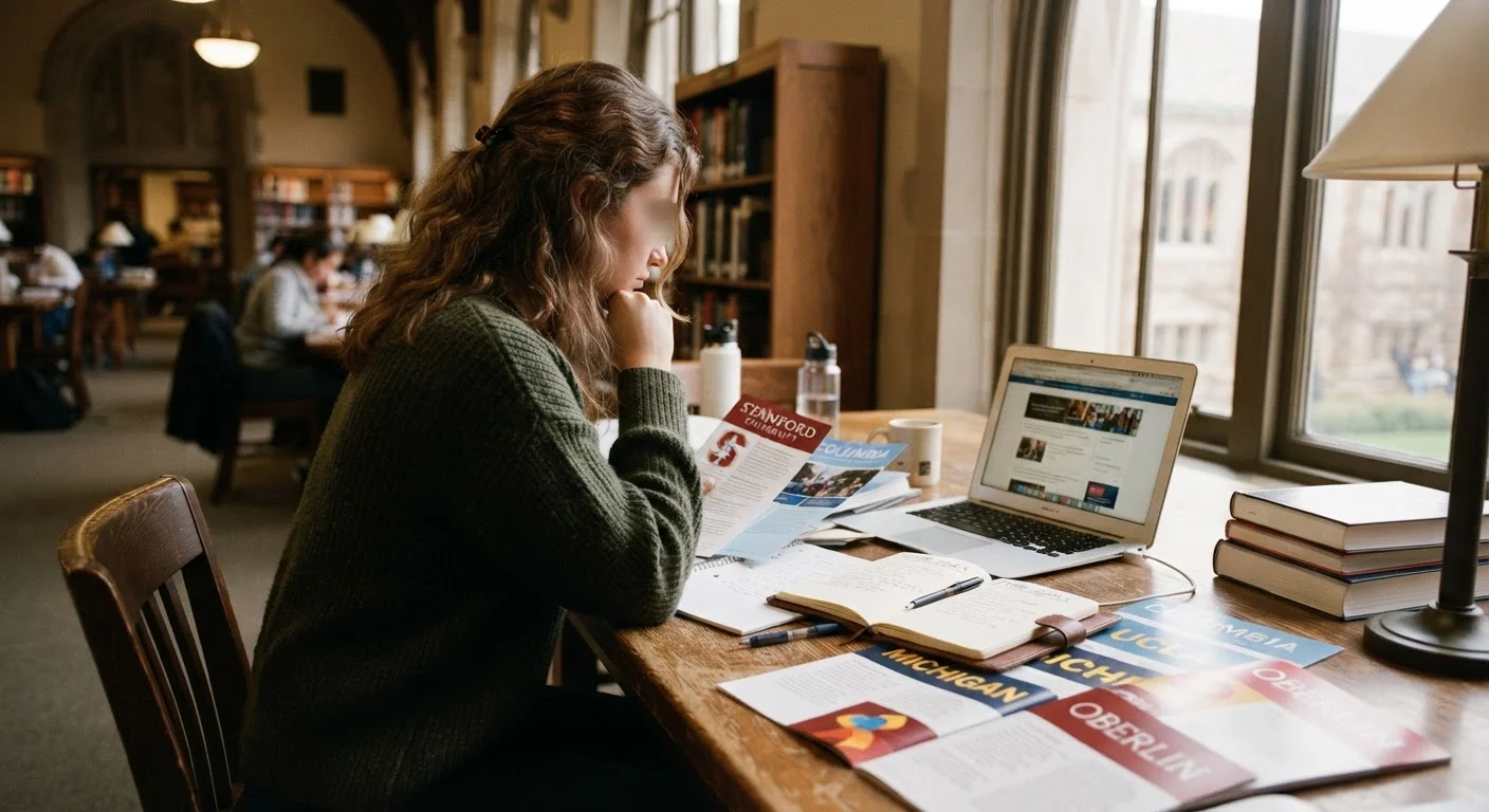 A first-generation college student reviewing college brochures and researching options at a library desk